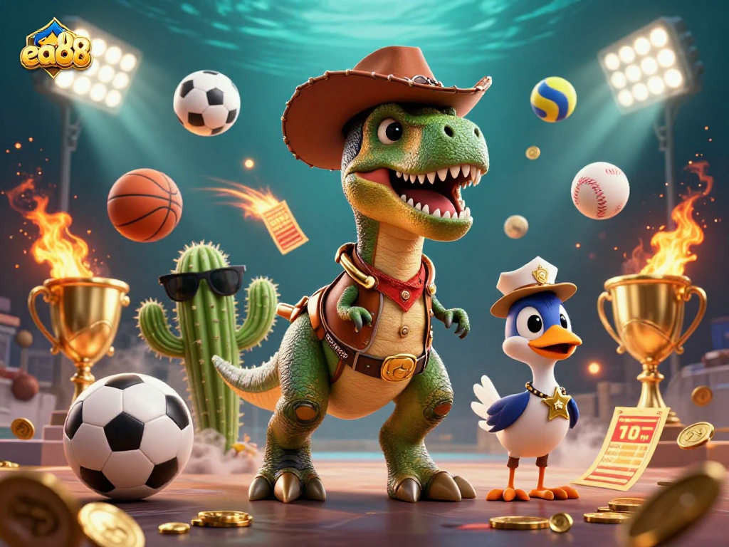 Bet on exciting games with ea88 featuring a cowboy T-Rex, cactus sidekick, and roadrunner.