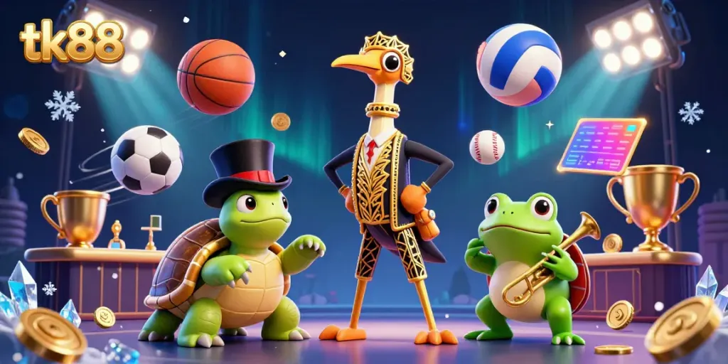 tk88 showcases a vibrant cartoon scene with a dancing crane, turtle, and frog amidst dynamic sports elements.