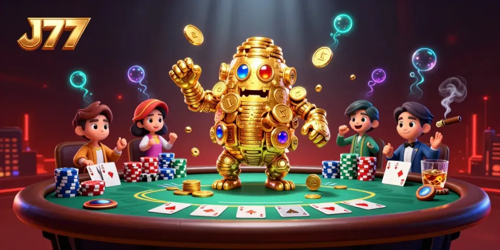 Experience thrilling online gaming with J77’s animated gold golem and poker scene.