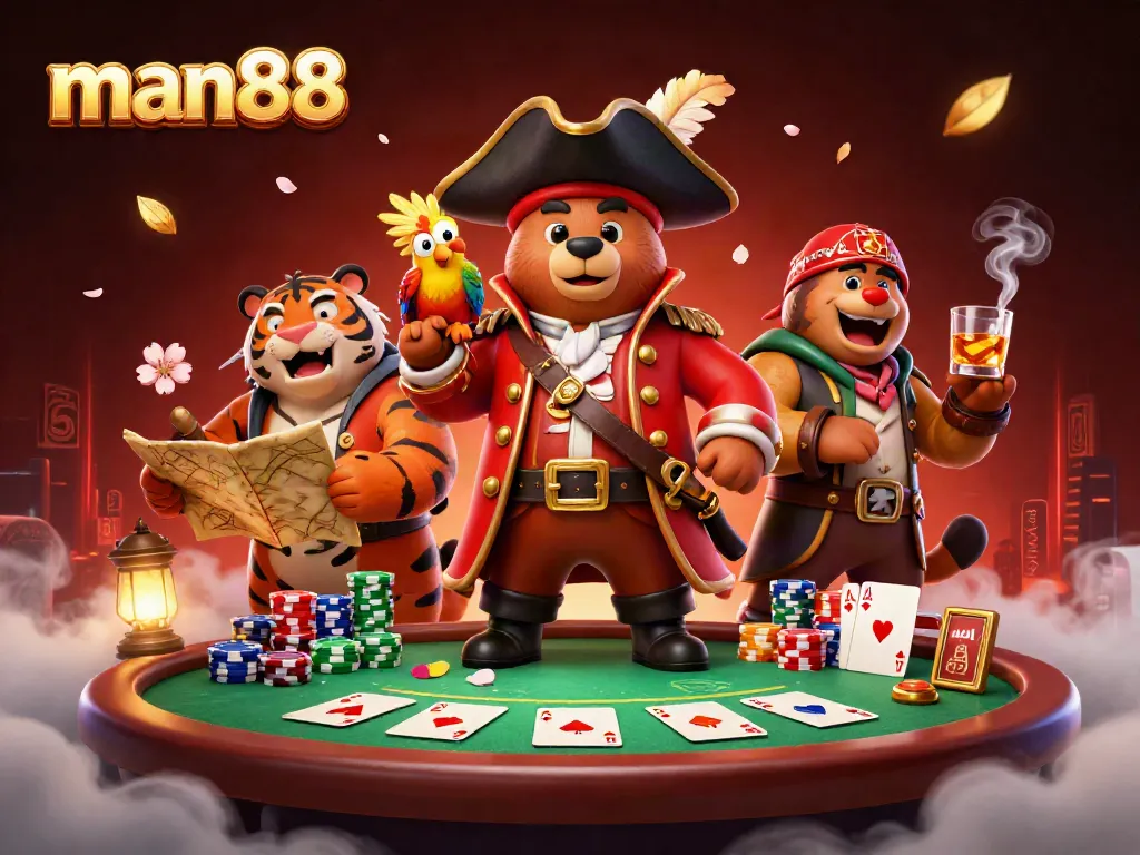 Experience the excitement of man88 with a vibrant 3D scene featuring a pirate bear and tiger at a poker table surrounded by colorful chips.