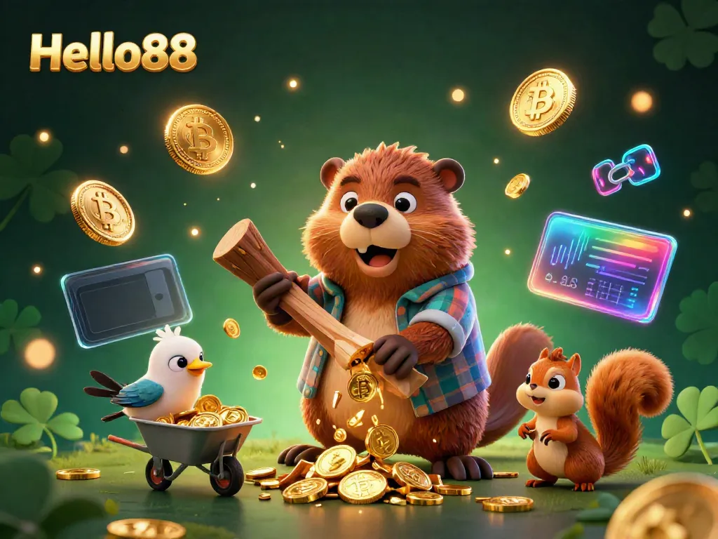 Join the excitement at Hello88 as a beaver gathers golden treasures in a magical casino scene.
