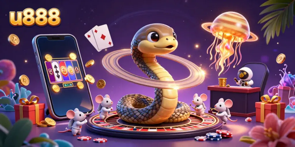 Engaging depiction of u888 gaming with vibrant characters and casino elements illustrating fun online betting.