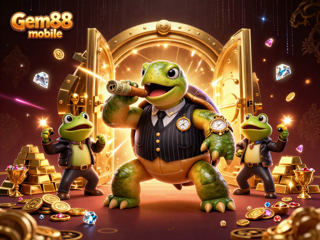 Experience gem88 mobile's vibrant world with a snapping turtle mobster delighting on a gold-filled casino floor.