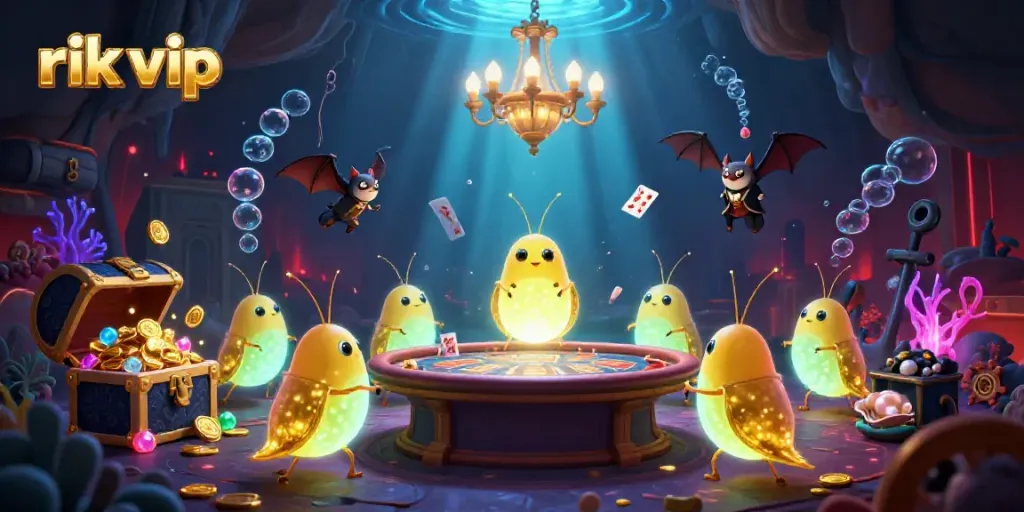 Experience exciting gameplay at rik vip, where glowing creatures light up a lively cave casino.