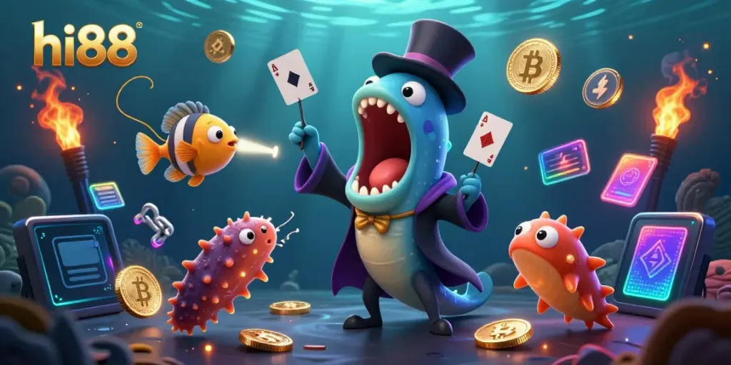 Witness hi88's engaging casino magic with a bioluminescent eel performing tricks in a vibrant underwater scene.