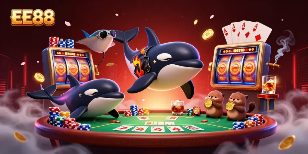 EE88 showcases an orca and otters celebrating jackpots and poker wins in a vibrant casino scene