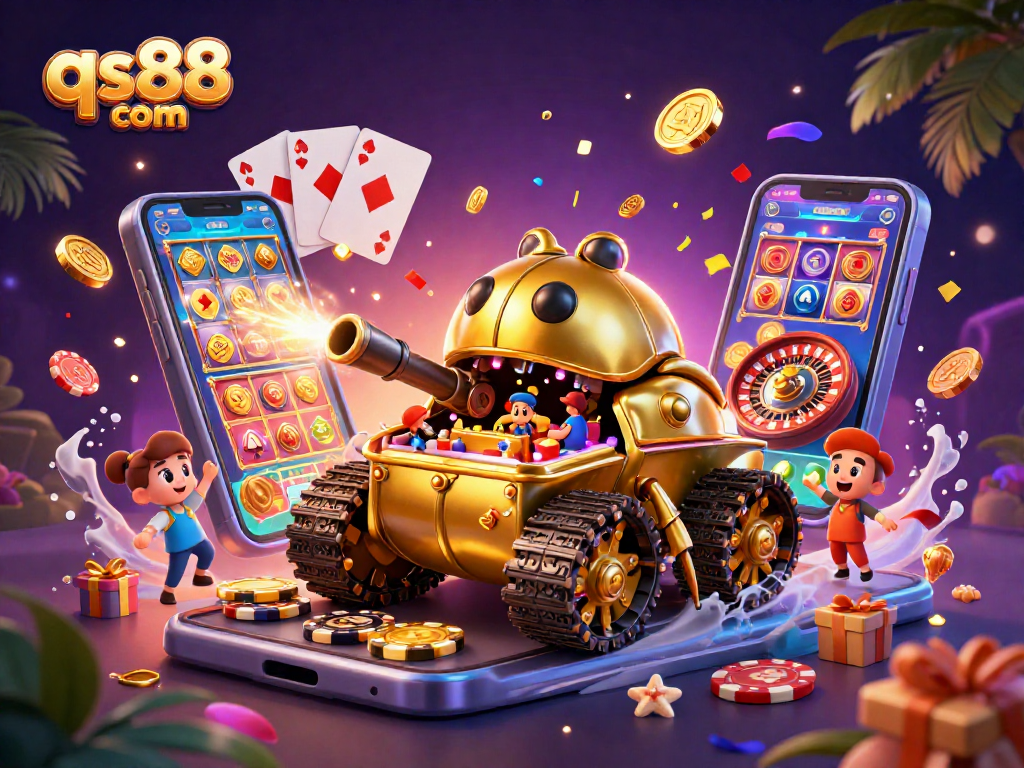 Experience the excitement of qs88 com with a dynamic 3D casino scene featuring a unique beetle tank and vibrant gaming elements.