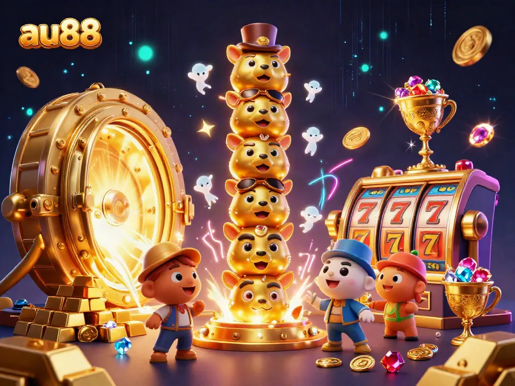 Experience the lively casino atmosphere with au88 showcasing a vibrant 3D totem and jackpot elements.