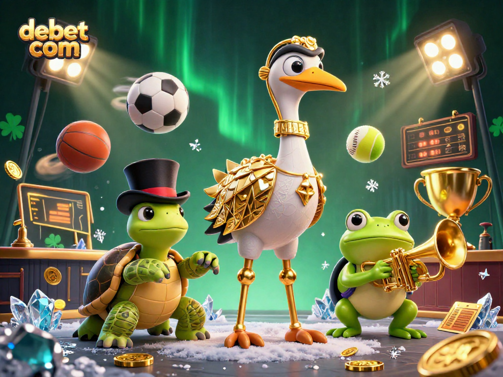 Engage with debet com at a lively casino scene featuring a whimsical crane, turtle, and frog amidst sports elements.
