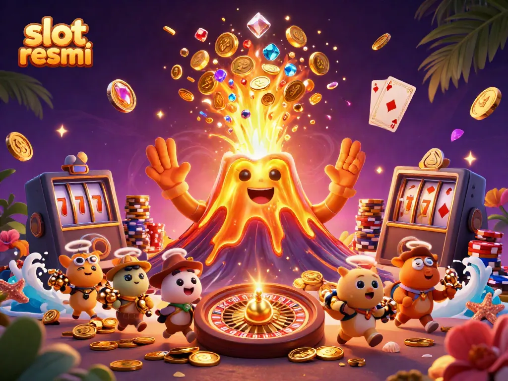 Play slot resmi with golden volcano erupting treasures in this vibrant 3D casino scene.
