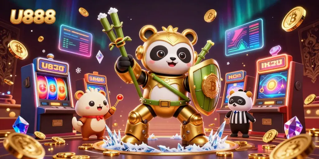 Experience exciting gameplay at U888 in this vibrant golden panda casino battle scene.