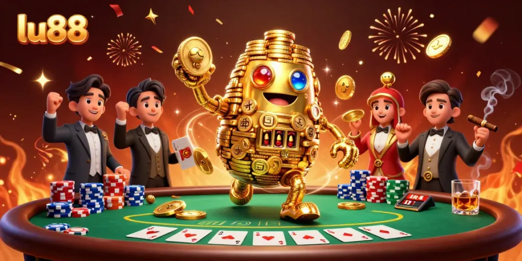 Experience thrilling gaming with LU88's captivating ancient golden golem surrounded by vibrant poker elements.