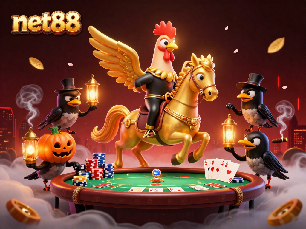 Experience net88's thrilling casino atmosphere with a golden rooster and vibrant poker elements.