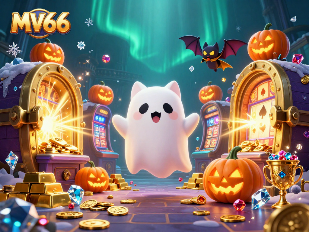 Win big at MV66 casino while enjoying a spooky scene with ghostly characters and treasures.