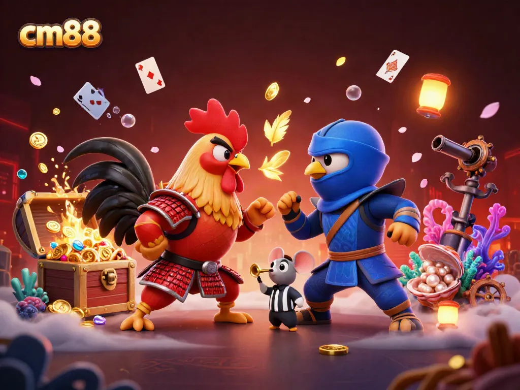 Engage in the thrilling world of cm88 with twin fighting roosters, dramatic scenes, and dynamic gambling elements.