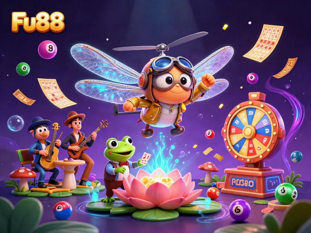 Experience the thrill of Fu88 as a dragonfly pilot surveys lively casino action with a frog dealer and jazz cricket musicians.