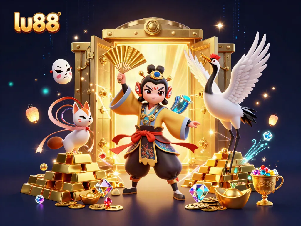 Experience the excitement of lu88 with vibrant characters amidst treasures and casino elements.